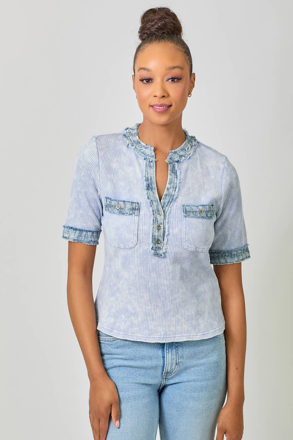 Mystree - Wholesale Blouse - Women's - 60981 Frayed Denim Trim Top 8