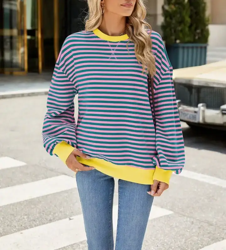 Lovesoft - Wholesale Knit Sweater - Women's - Striped Crew Neck Contrast Color Loose Long Sleeve Sweater11