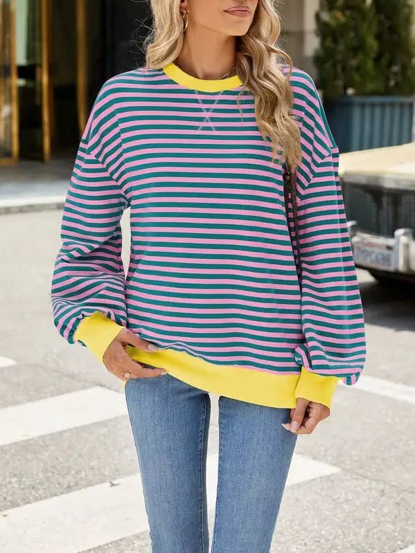 Lovesoft - Wholesale Knit Sweater - Women's - Striped Crew Neck Contrast Color Loose Long Sleeve Sweater9