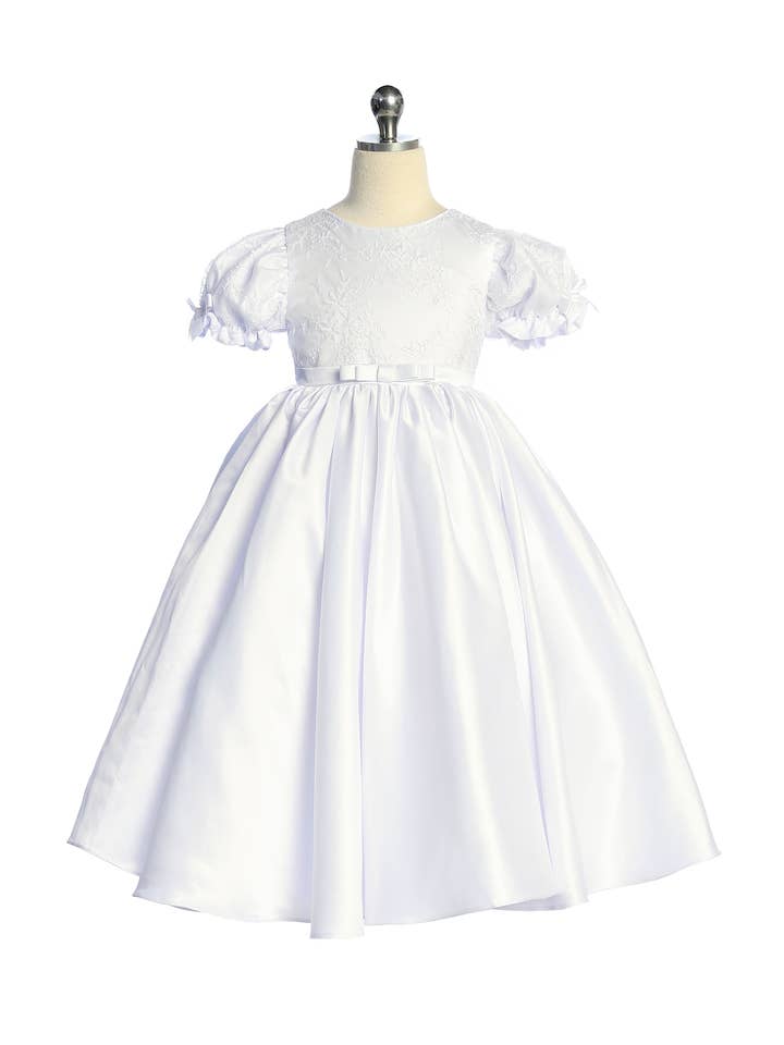 White *SALE* Satin Babydoll Embroidered Puff Sleeve Full Dress for wholesale on Faire