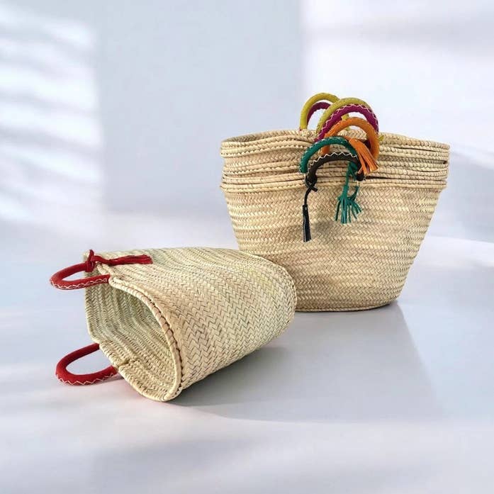 French Market Basket With Leather Handles, Multicolor for wholesale by HandmadeBestSeller