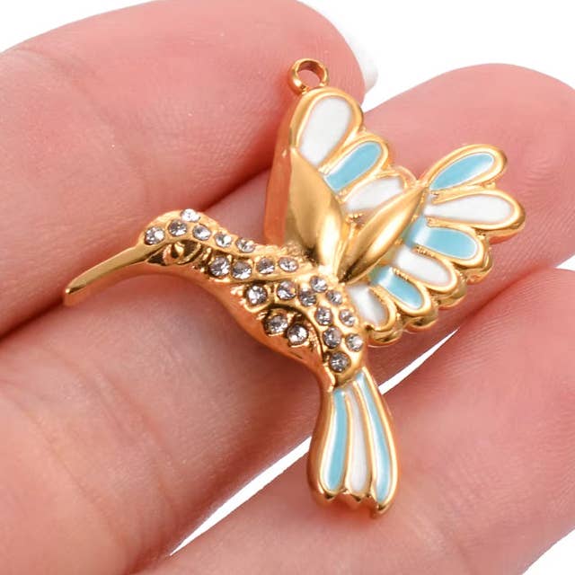 Hummingbird Charm Turquoise w/ Crystals No Tarnish Gold - Per Piece for wholesale by Continental Beads