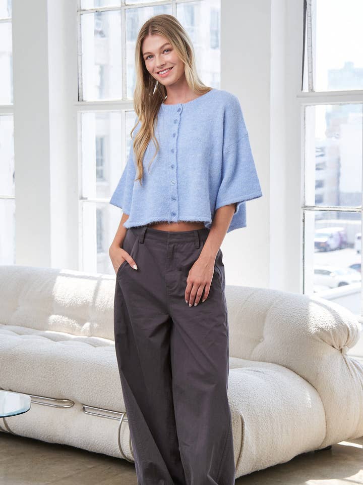 Blue Quarter-Sleeve Knit Cardigans for wholesale by In The Beginning