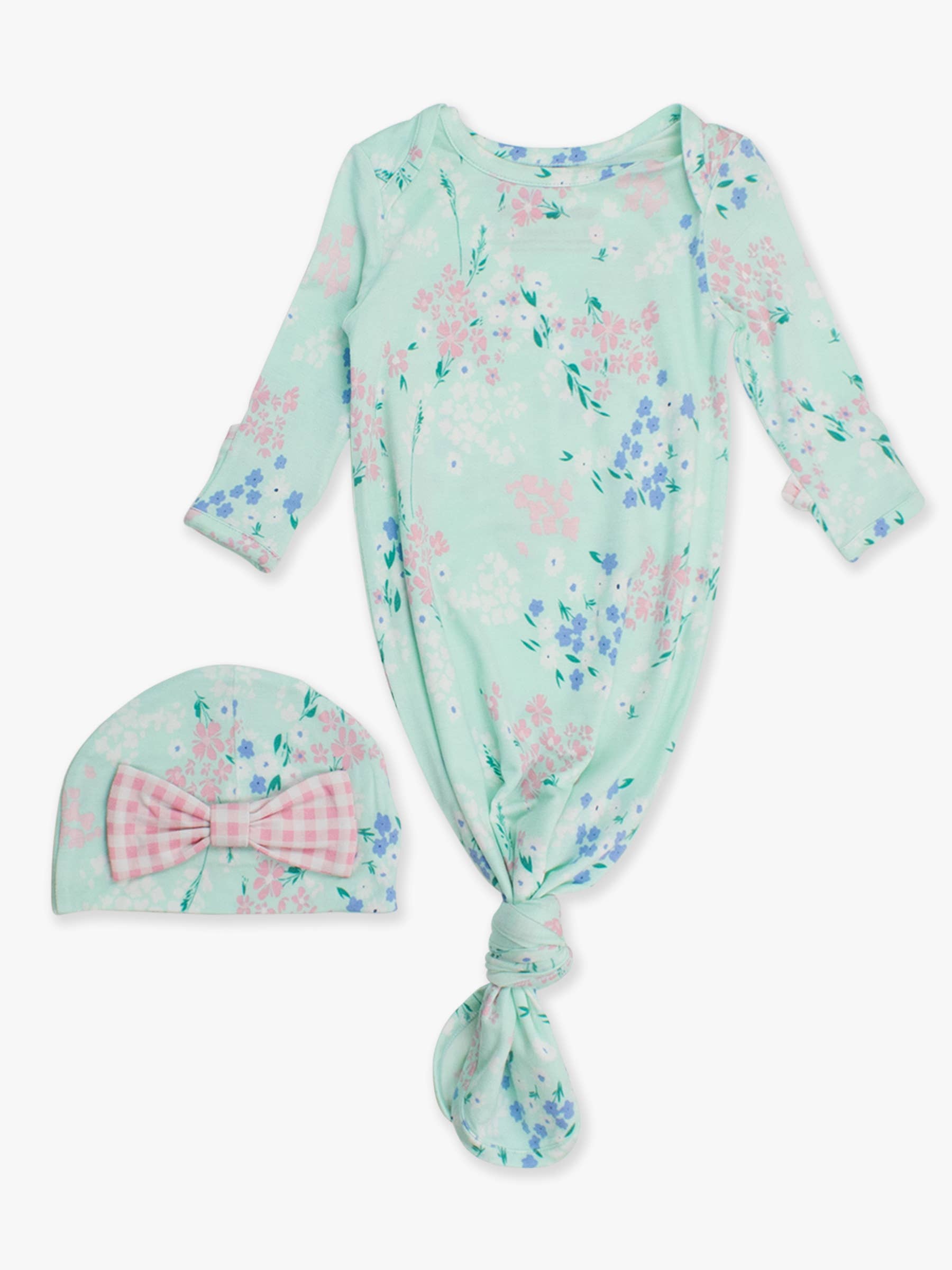 Green SoftSnooze™ Baby Girls Bamboo Viscose Mint Meadow Ruffle Knotted Sleep Gown & Bow Hat Set for wholesale on Faire9