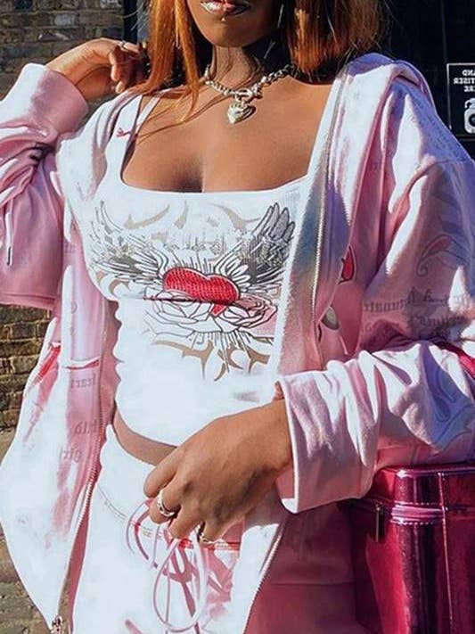 WHITE diamante heart spaghetti strap graphic tank top for wholesale on Faire6