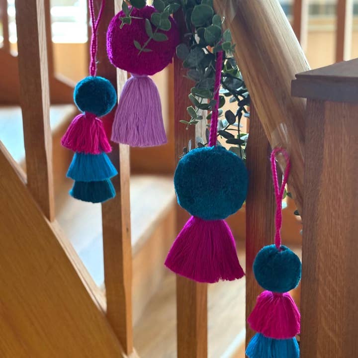 PomPom Galore - Wholesale Christmas Decoration - Pom Pom Trio Tassel Christmas Decorat 5cm, Jewel Tone Regal3