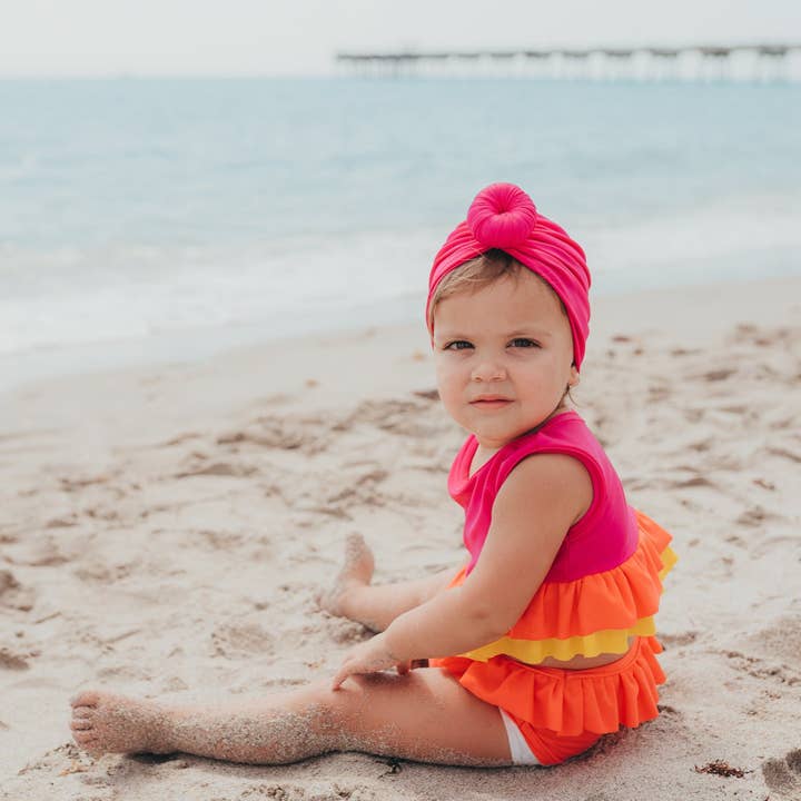 Turban à nœud de bain rose UPF pour la vente par Sweet Peas Co