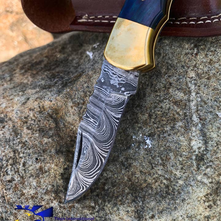 Titan International - Wholesale Pocket Knife/Holder - Blue Diamond Wood folding knife with Leather Sheath
