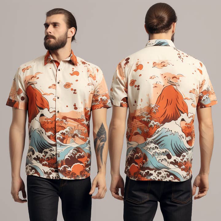 NeoShores - Wholesale Buttoned-down shirt – Men's - Intricate Japanese Ukiyo-e Pattern Print Mens Boho Shirt2