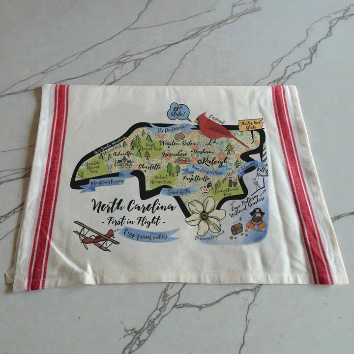 North Carolina Illustrated Map Cotton Kitchen Tea Towel for wholesale by Gooseberry Designs