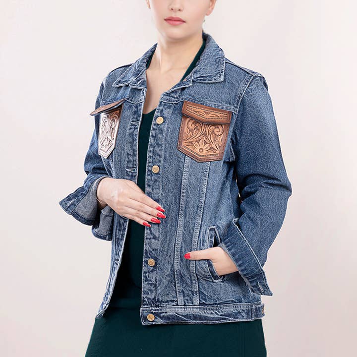 LS Western - Wholesale Denim Jacket - Women's - LC-ADJKT004 Western Denim Jacket with Tooled Floral Leather Yoke & Fringe - Cowgirl Heritage Style4