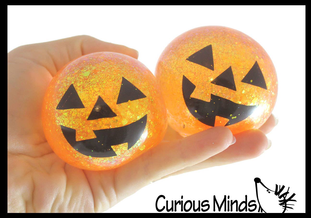 Curious Minds Toys - Vendita all'ingrosso Giocattolo squishy - Bambini e neonati - 1 pallina di zucchero a forma di zucca Jack o Lantern, spessa elasticizzata con colla e gel2