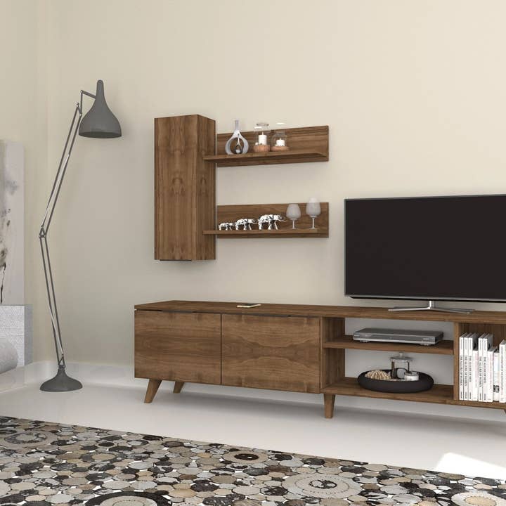 Mueble de TV y estantes de pared Alfa, color marrón oscuro/nogal para venta al por mayor de Woohoo Sleep Like a Bear