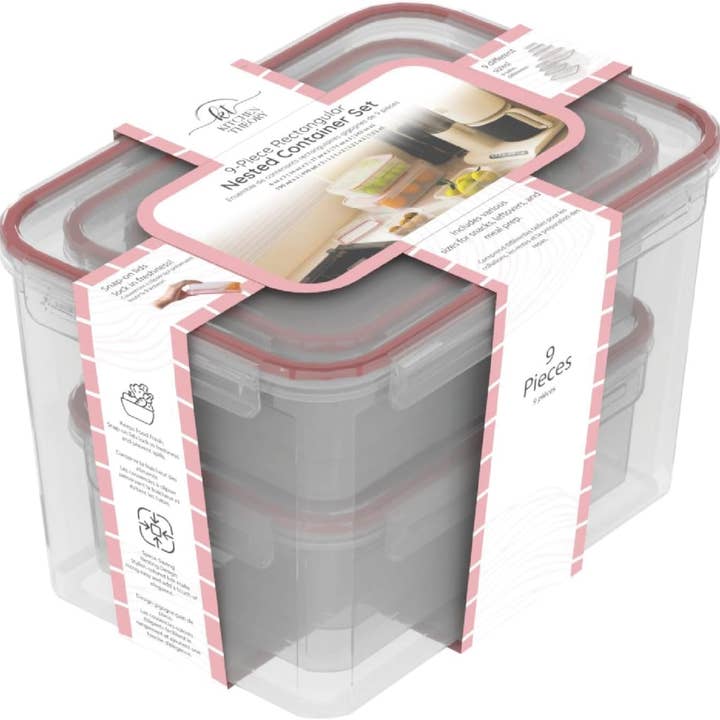 Airtight Food Storage Container Set, 9 Piece Rectangular Nested Containers with Leak-Proof Lids, Clear Plastic Organization System for Kitchen, Stackable Design for wholesale by Lainy Home