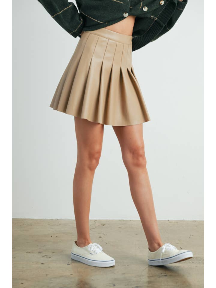 BUTTERMELON - Wholesale Skirt - Women's - Solid Pleated Leather Mini Skirt - BMS763210