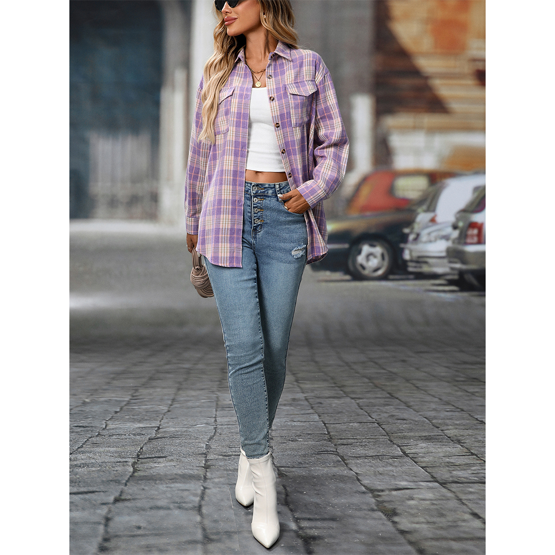 UNISHE - Wholesale Shirt - Women's - Casual Loose Fit Plaid Pockets Button-Down Shirt MD21338
