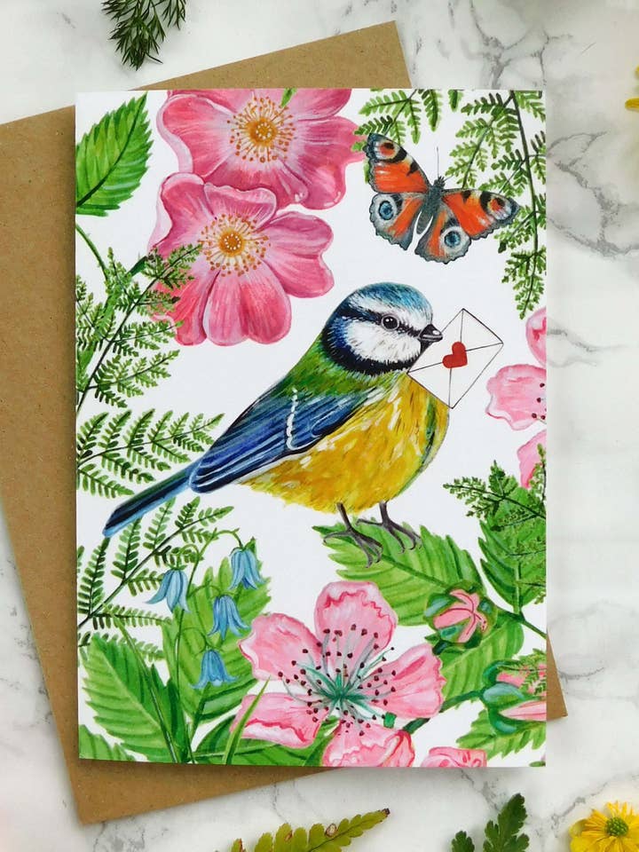 Sending Love Blue Tit Greetings Card for wholesale by Mystical Sky Studio