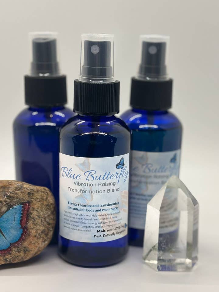 Blue Butterfly Healing & Organics, Blue Butterfly Vibration Raising Transformation Blend Essential Oil Room Spray, 4 fl. oz. for wholesale by Blue Butterfly Healing & Organics LLC