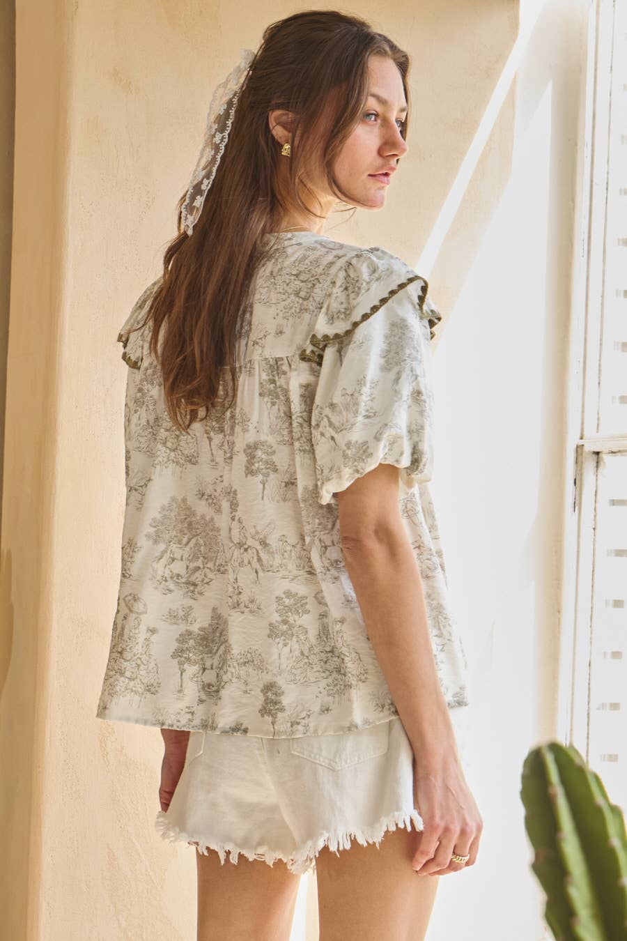 Gris Multi Blusa con Mangas Abullonadas Estampada Toi De Paris de venta al por mayor en Faire6