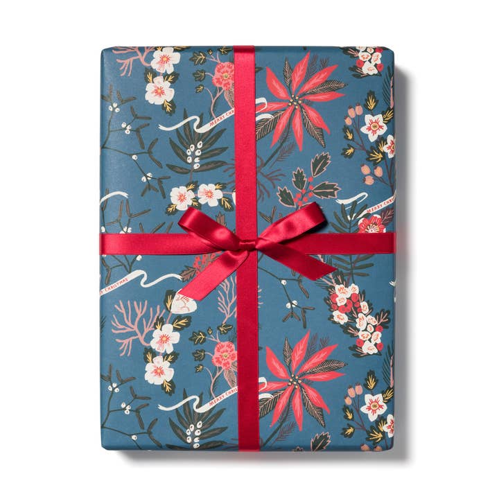 Papel de embrulho Poinsettia Azul por atacado de Red Cap Cards