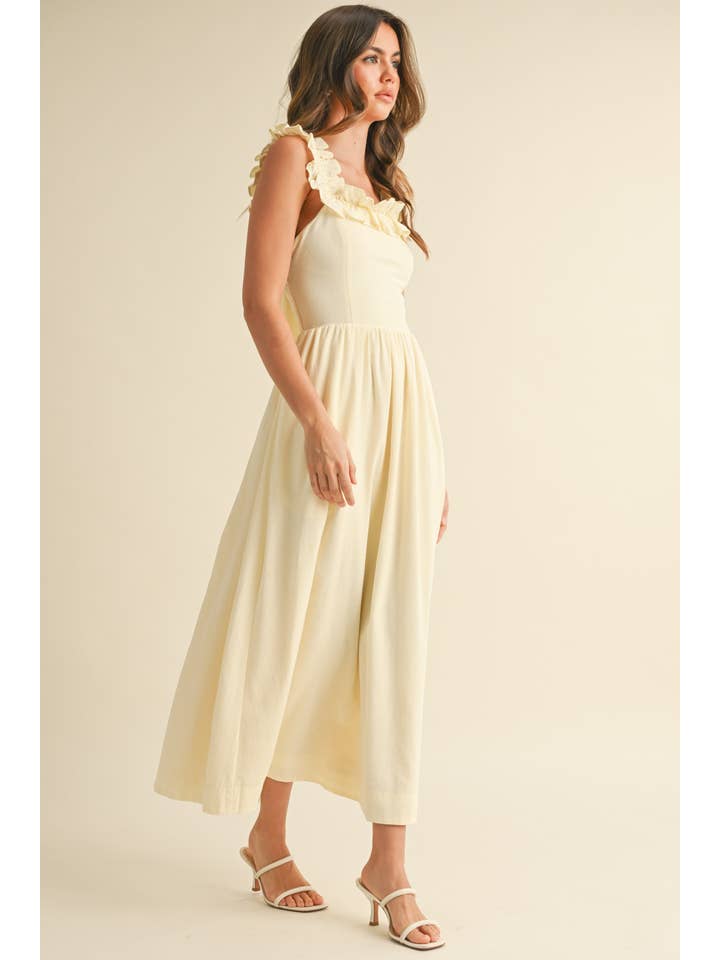 Klesis - Wholesale Dress - Women's - ID8957 LINEN RUFFLED SQUARE NECKLINE MIDI DRESS