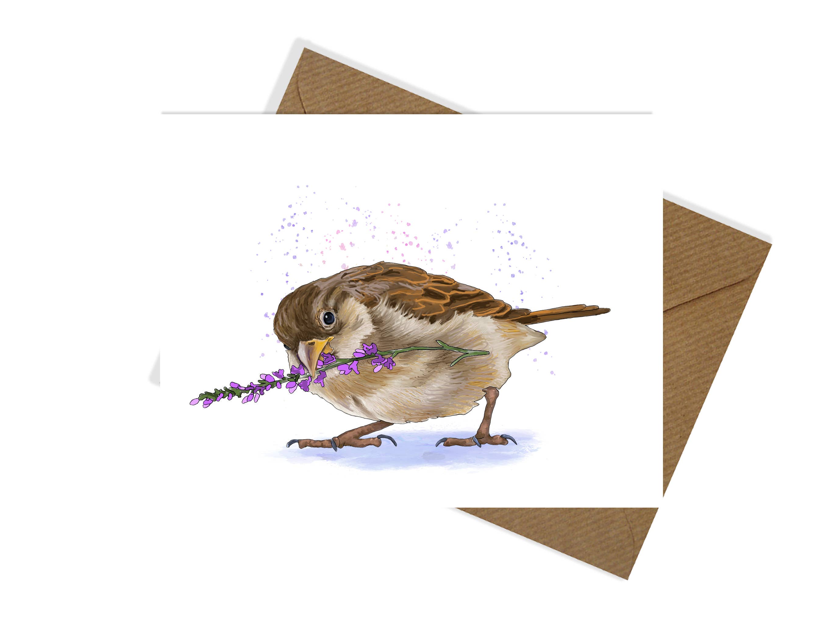 Julie Townsend Studio - Wholesale Stationery/Notecard Set - A2 Card Set  - Sparrow with Lavender - Set of 10 Cards1
