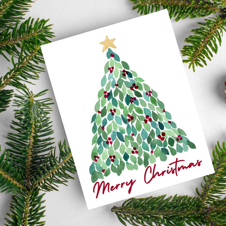 Merry Christmas Garland Tree Watercolor Card for wholesale by Meg Huff Photography & Art