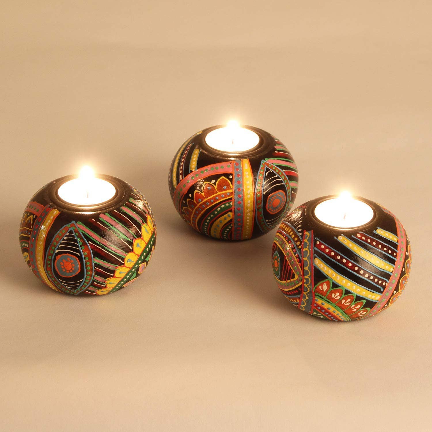 Casa Moro – Suporte de vela por atacado – Conjunto de 3 castiçais orientais pintados à mão para vela tealight Aicha3