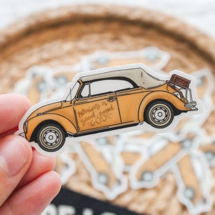 VW Bug Vinyl Sticker - Serving a Good, Good God - 3" Clear Sticker for wholesale by Common Grace Print Shop
