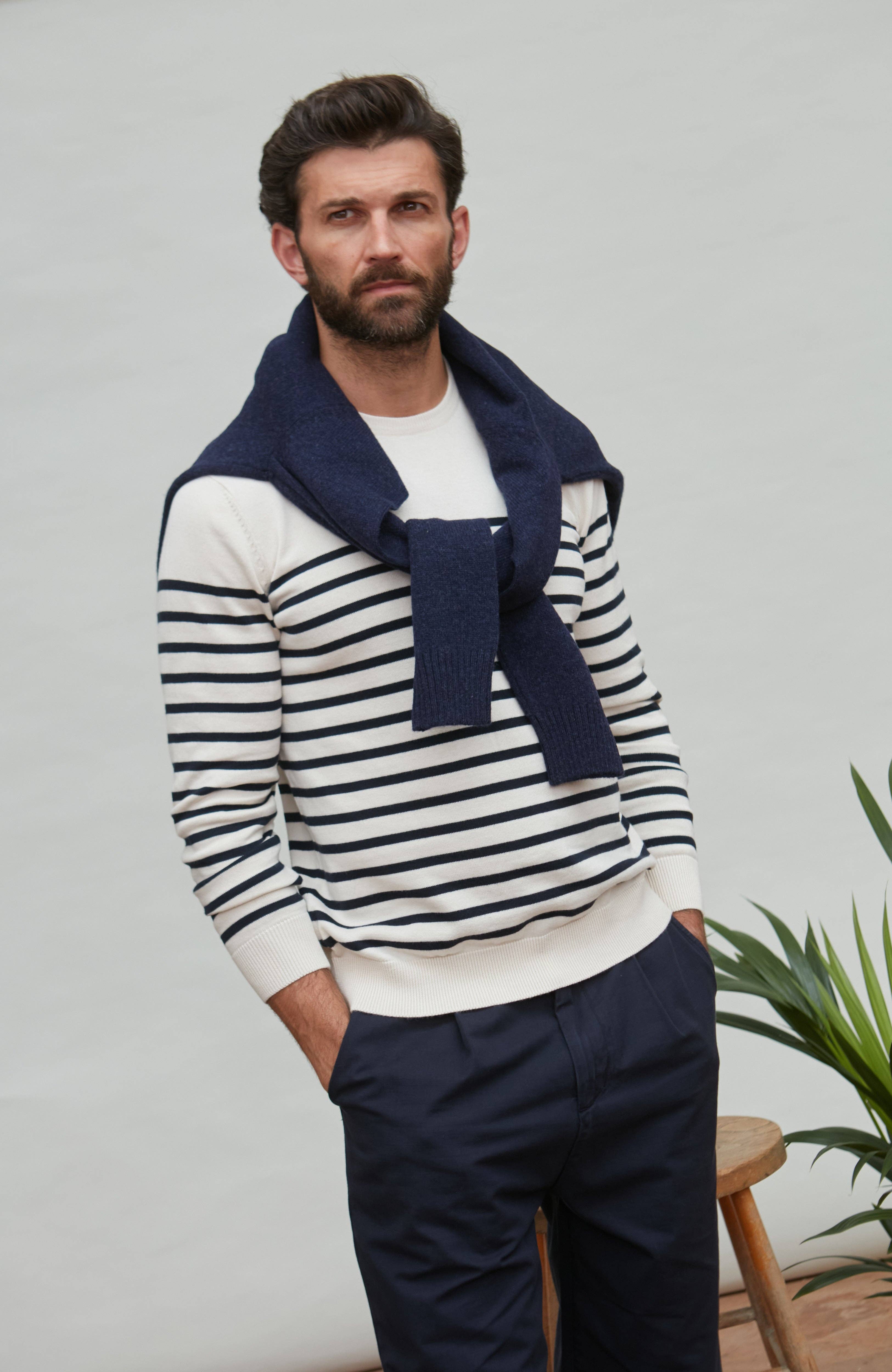 Paul James Knitwear – wholesale Knitted jumper – Men′s – Mens Lightweight Cotton Striped Breton Sweater2