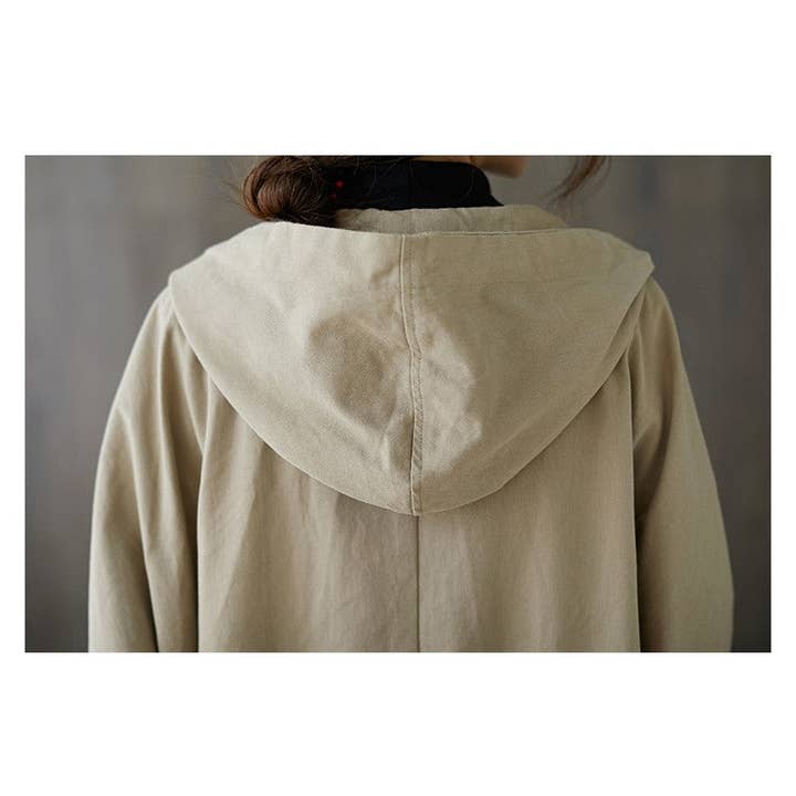 OceanusSwim – wholesale Windbreaker – Women’s – Solid Color Long Sleeves Hooded Single Breasted Pockets Casual Loose Long Windbreaker Outerwear3