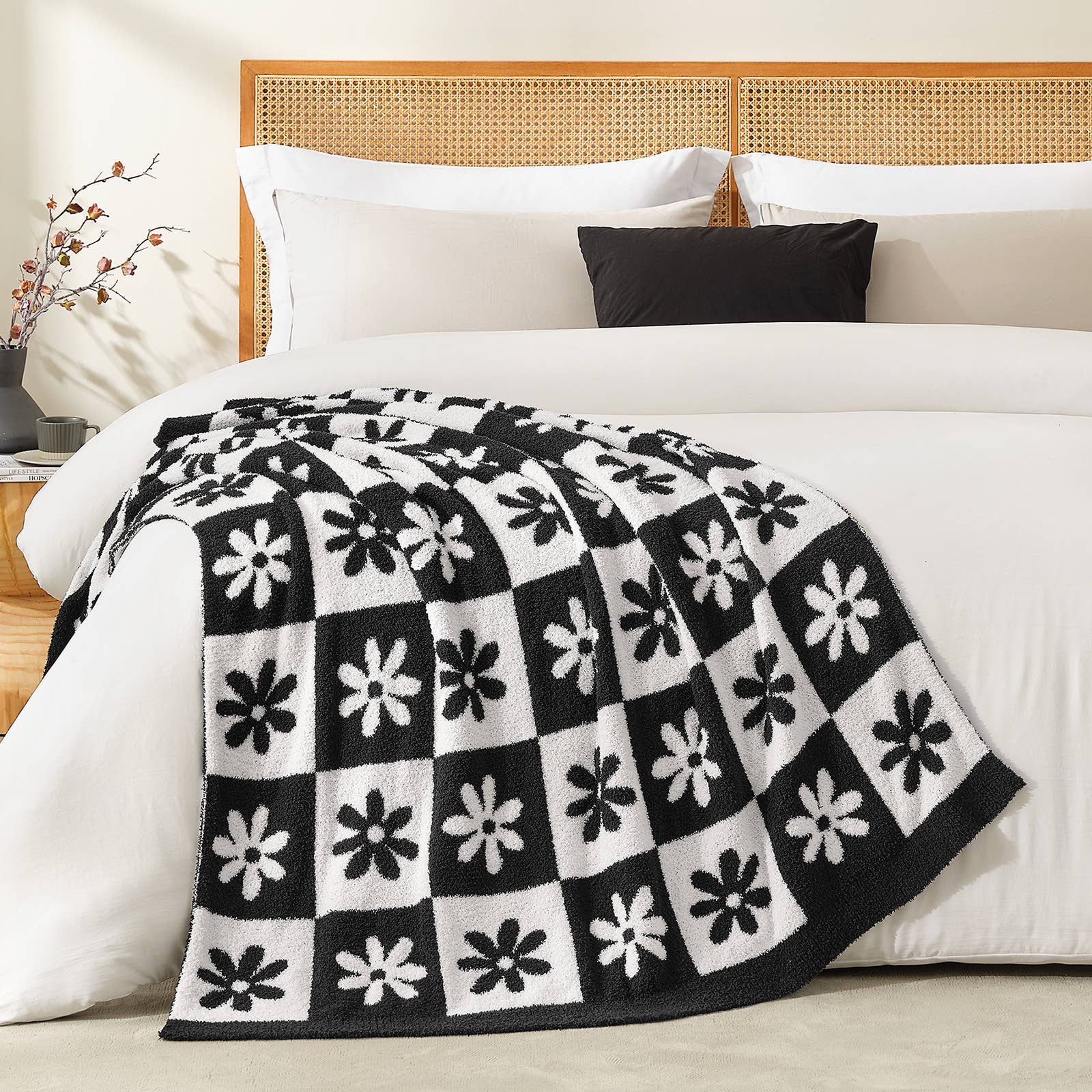DreamValley - Wholesale Throw Blanket - SS Checkered Floral Throw Blanket Reversible Knitted Throw17