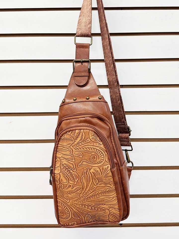WESTERN EMBOSSED PATTERN SLING BAG CROSSBODY PURSE for wholesale by DESHENG ENTERPRISE