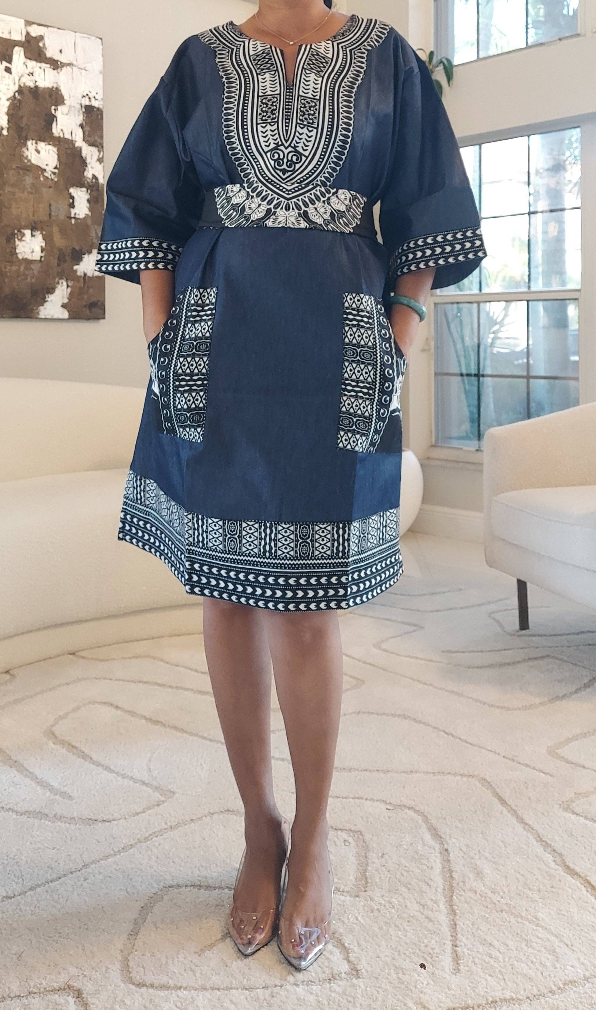 India Batik - Vendita all'ingrosso Vestito - Donna - Maglia/abito africano in denim/dashiki di media lunghezza, nero/blu2