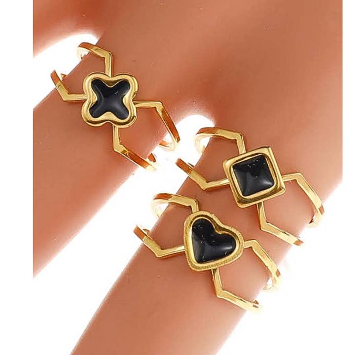 Atlas Fashion - Vendita all'ingrosso Anello midi/a fascia - Anello in acciaio inossidabile con forme in smalto nero0