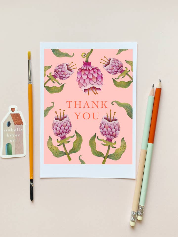 Strange Flowers – A7 Size Pink Botanical Thank You Card for wholesale by Isabelle Bryer Art