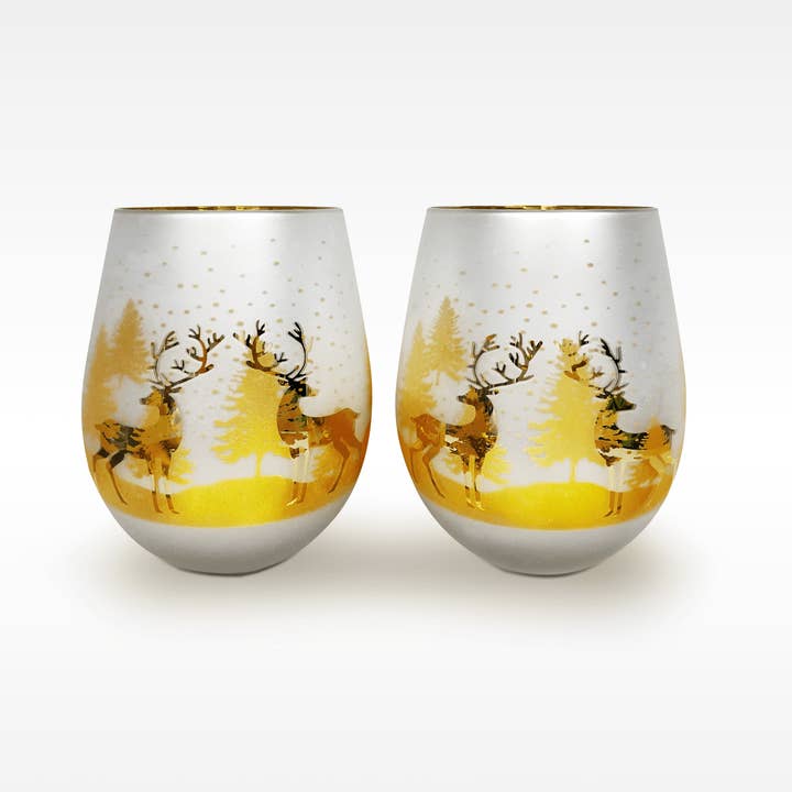 Jersey Art Glass - Wholesale Wine Glass - Gold & Silver Deer Stemless Glasses (Set/2)