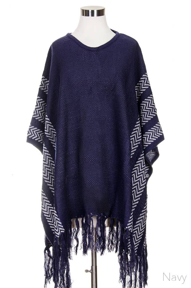 Hana – wholesale Poncho – Women's – Side Stripe Poncho with Fringe1