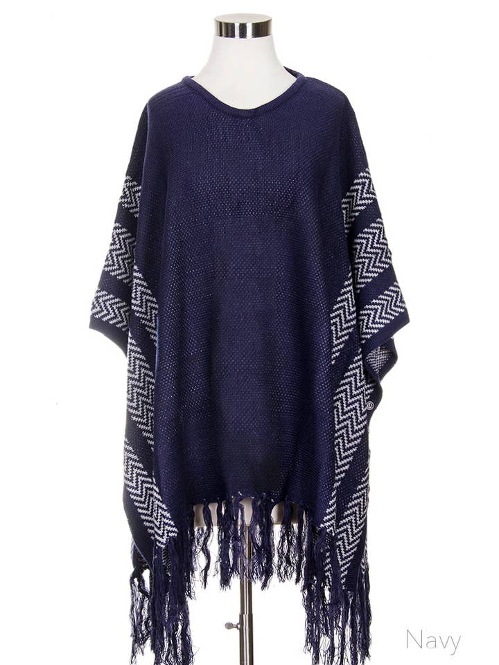 Hana – wholesale Poncho – Women's – Side Stripe Poncho with Fringe1