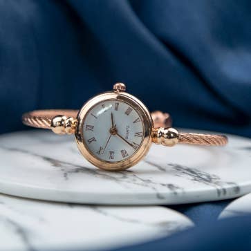 Rose Gold Stainless Steel Roman White Dial Bangle Adjustable Bracelet Watch for wholesale by The Colourful Aura