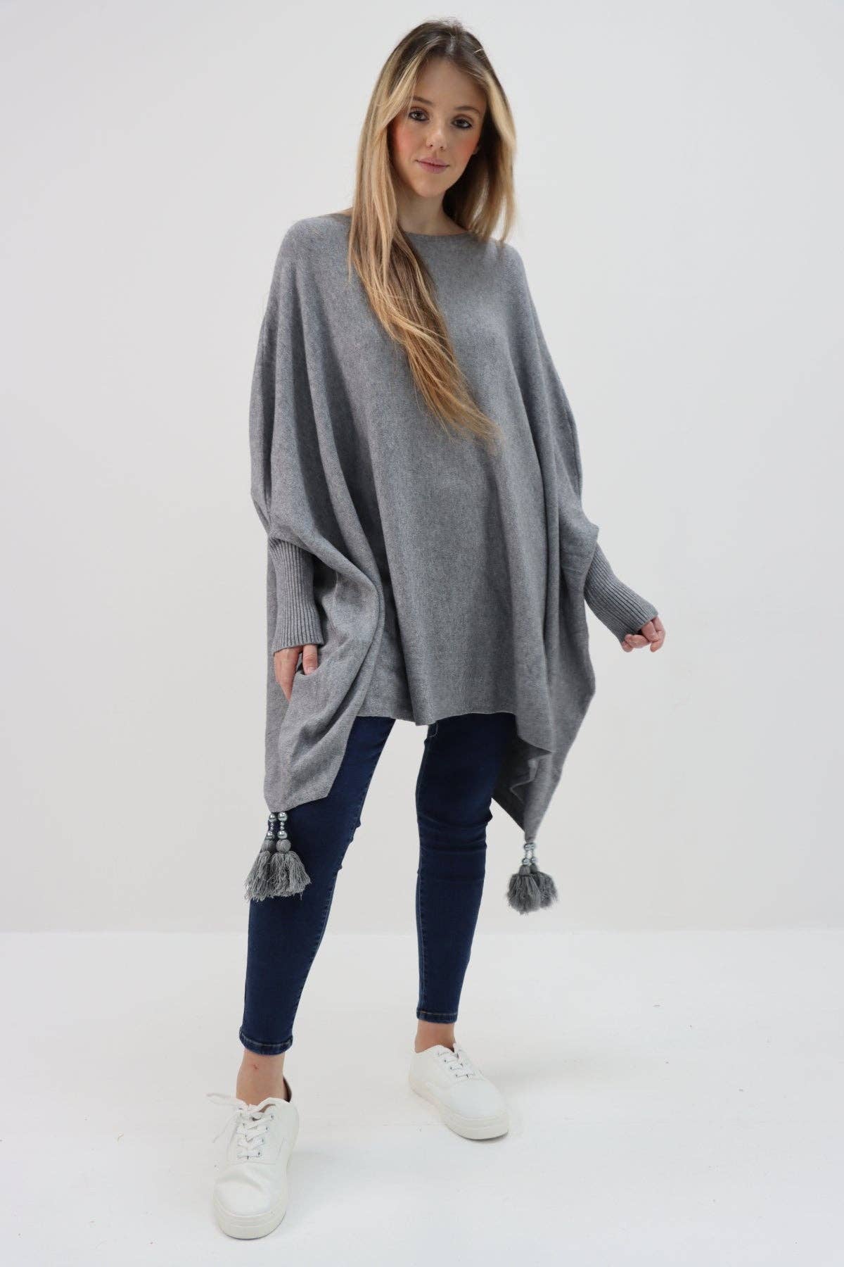 Miss Bold - Wholesale Poncho - Women's - Italian Plain Batwing Sleeves Tassels Tunic Poncho22