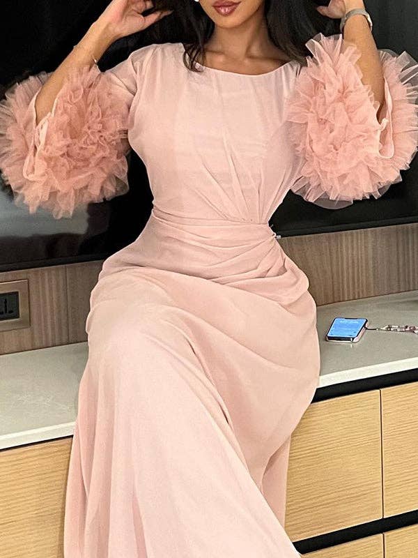 Plush Looks – wholesale Dress – Women's – Pleated Tie-Waist Flared Sleeve Maxi Dress8