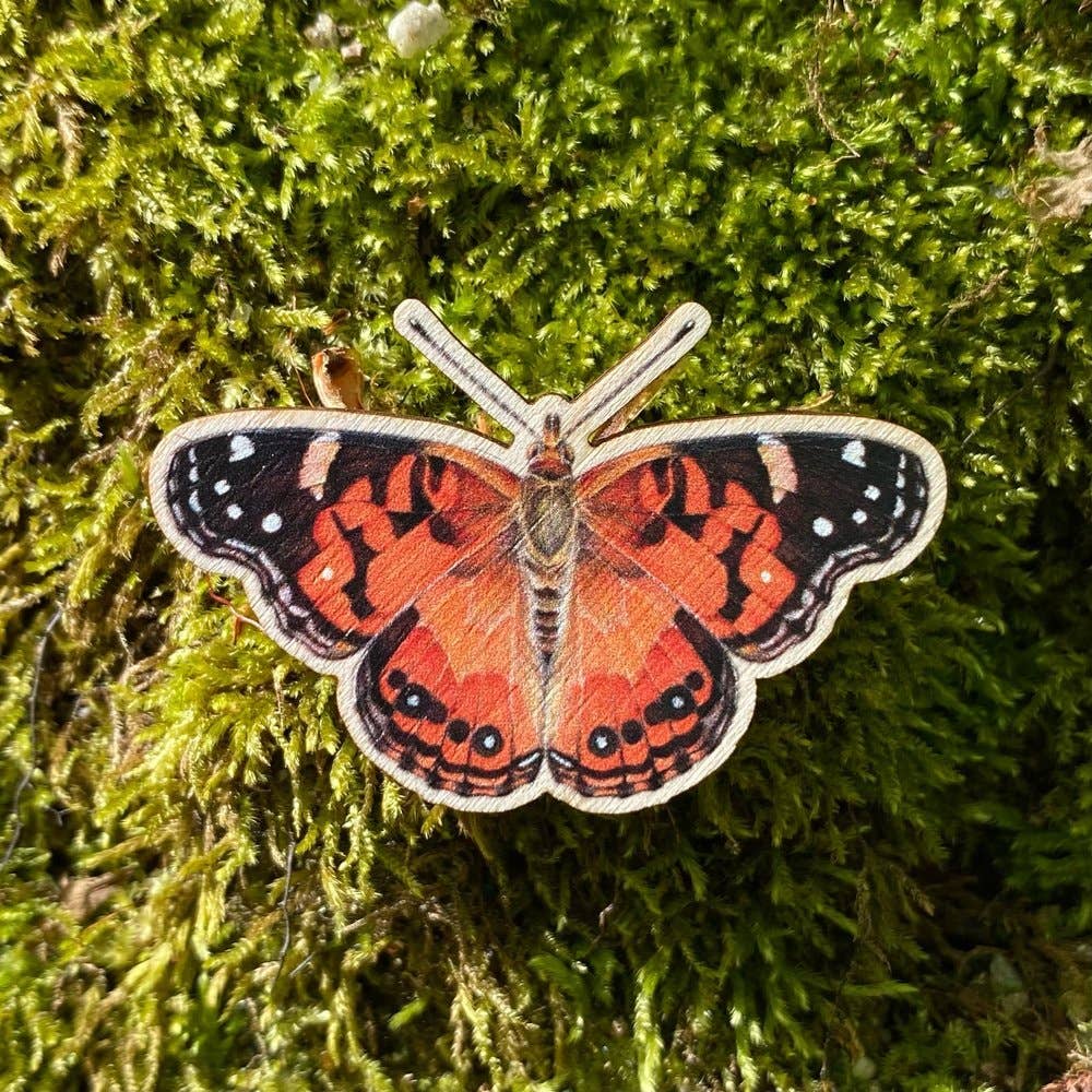 Allison Stoiser Art - Wholesale Lapel Pin/Button - American Painted Lady Butterfly Wooden Pin (Sustainable)2