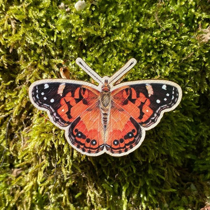 Allison Stoiser Art - Wholesale Lapel Pin/Button - American Painted Lady Butterfly Wooden Pin (Sustainable)2
