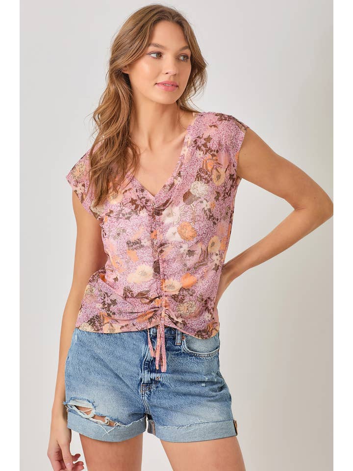 Mystree - Wholesale Blouse - Women's - 61049 Front String Detailed Printed Mesh Top