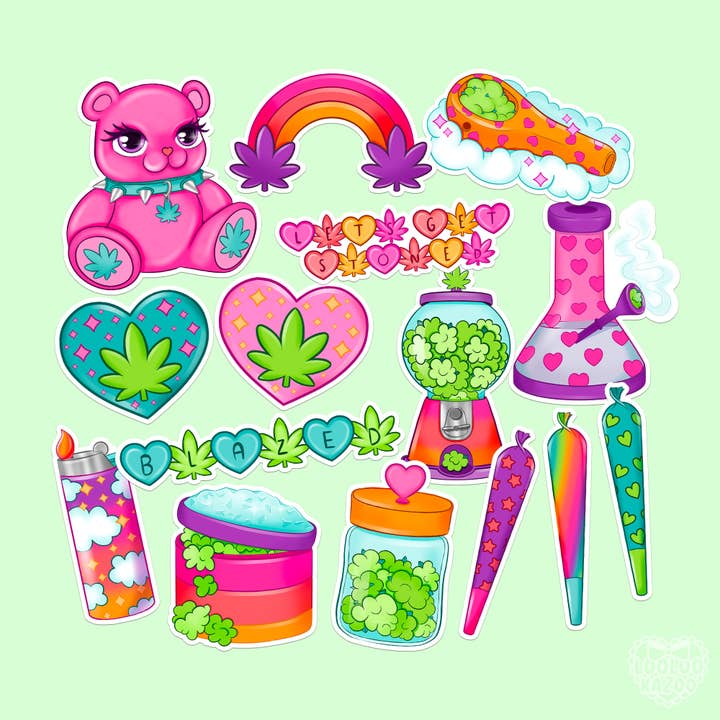 LooLooKazoo - Wholesale Sticker - Neon Stoner Kawaii 420 Holographic or Matte Sticker Pack