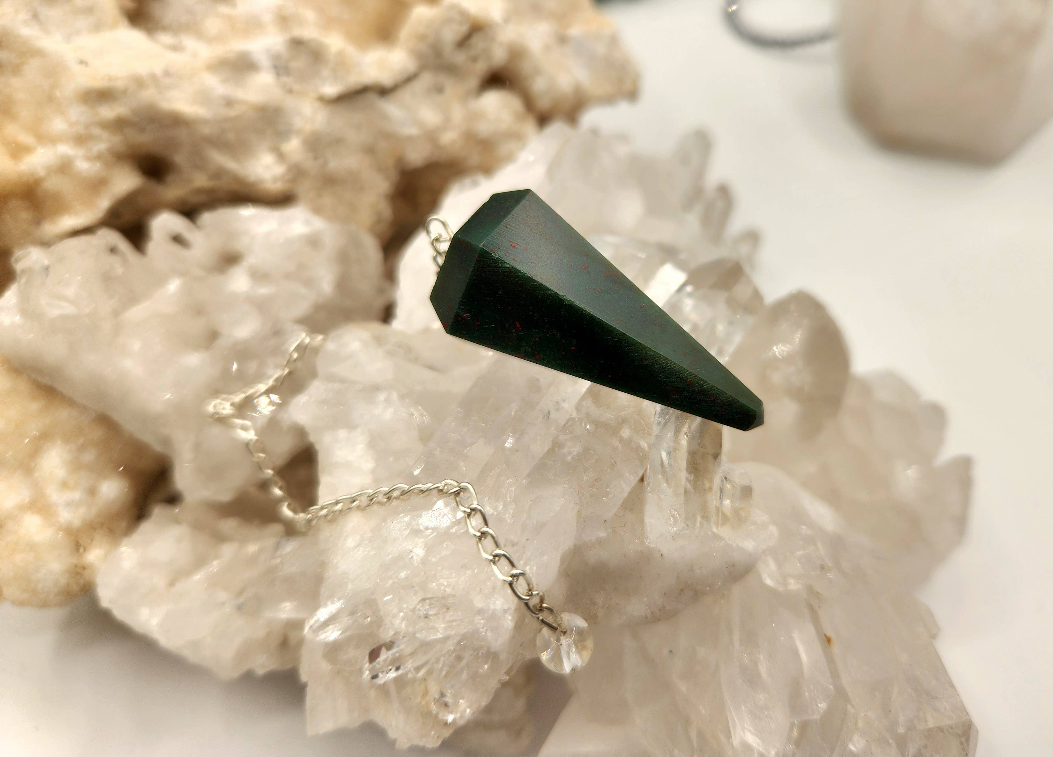 Meraki Gemstones – wholesale Pendulum board – Bloodstone Gemstone Pendulum w/Silver plated chain3