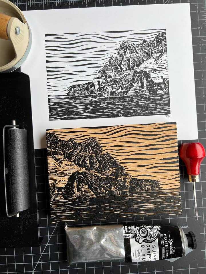 Pictured Rocks National Lakeshore Linoleum Print for wholesale by KatieMcKDesigns