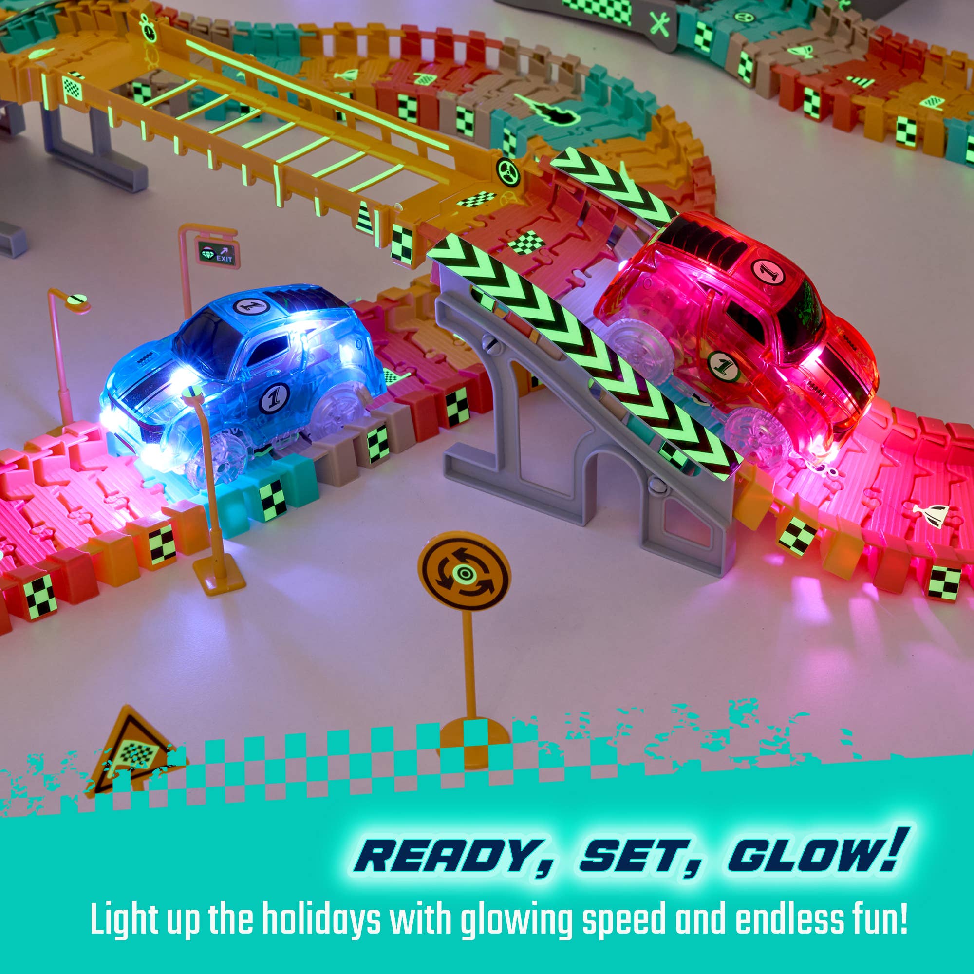 JitteryGit - Vente Voiture/camion miniature – enfant - Ensemble de 2 jouets lumineux sur le thème du Speedway, voitures de course2