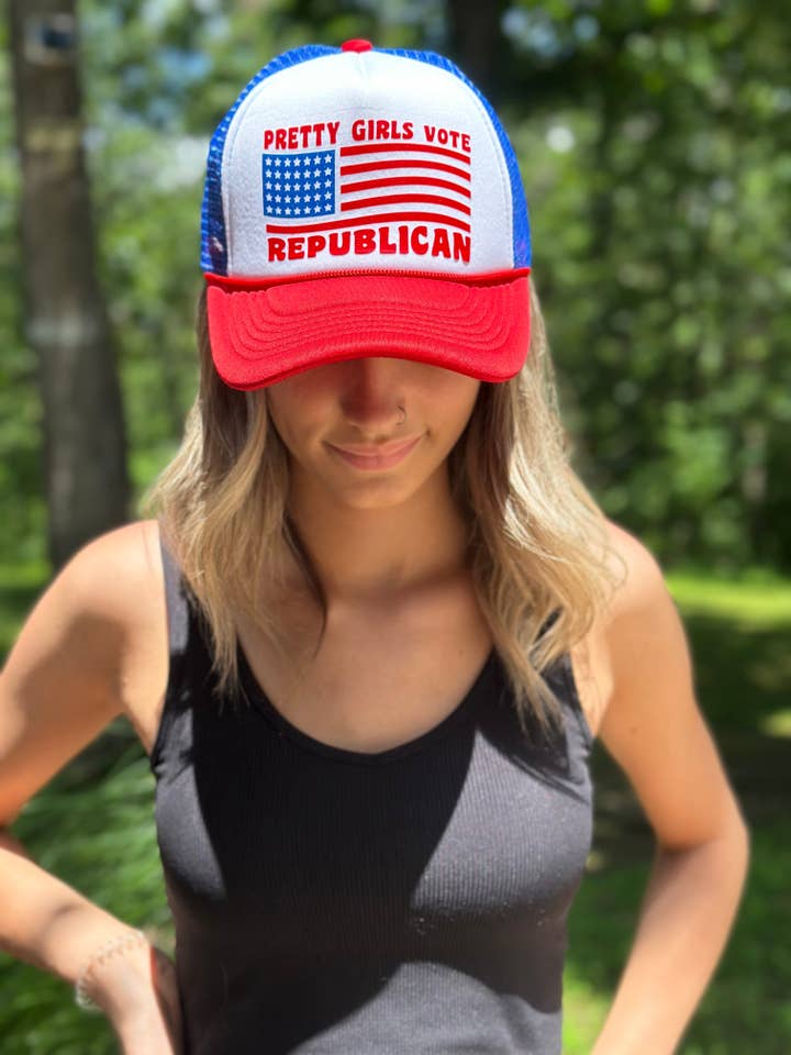 Pretty Girls Vote Republican Trucker Hat | Trending Ball Cap | Red White and Blue Snapback| One Size Fits All for wholesale by Route 54 Apparel